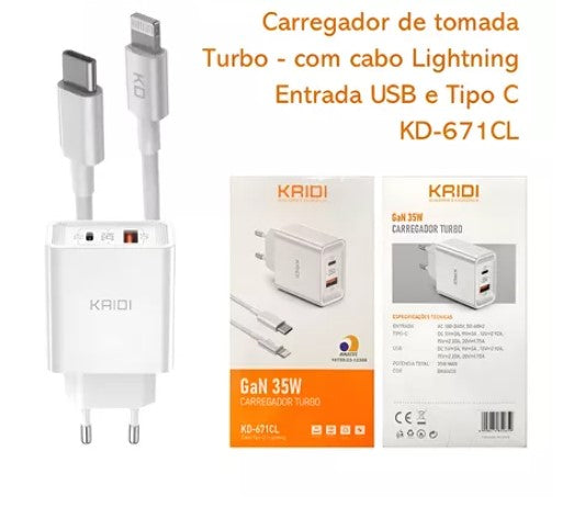 Fonte Carregador Turbo 35w Entrada Usb+Tipo-c Kaidi KD-671C