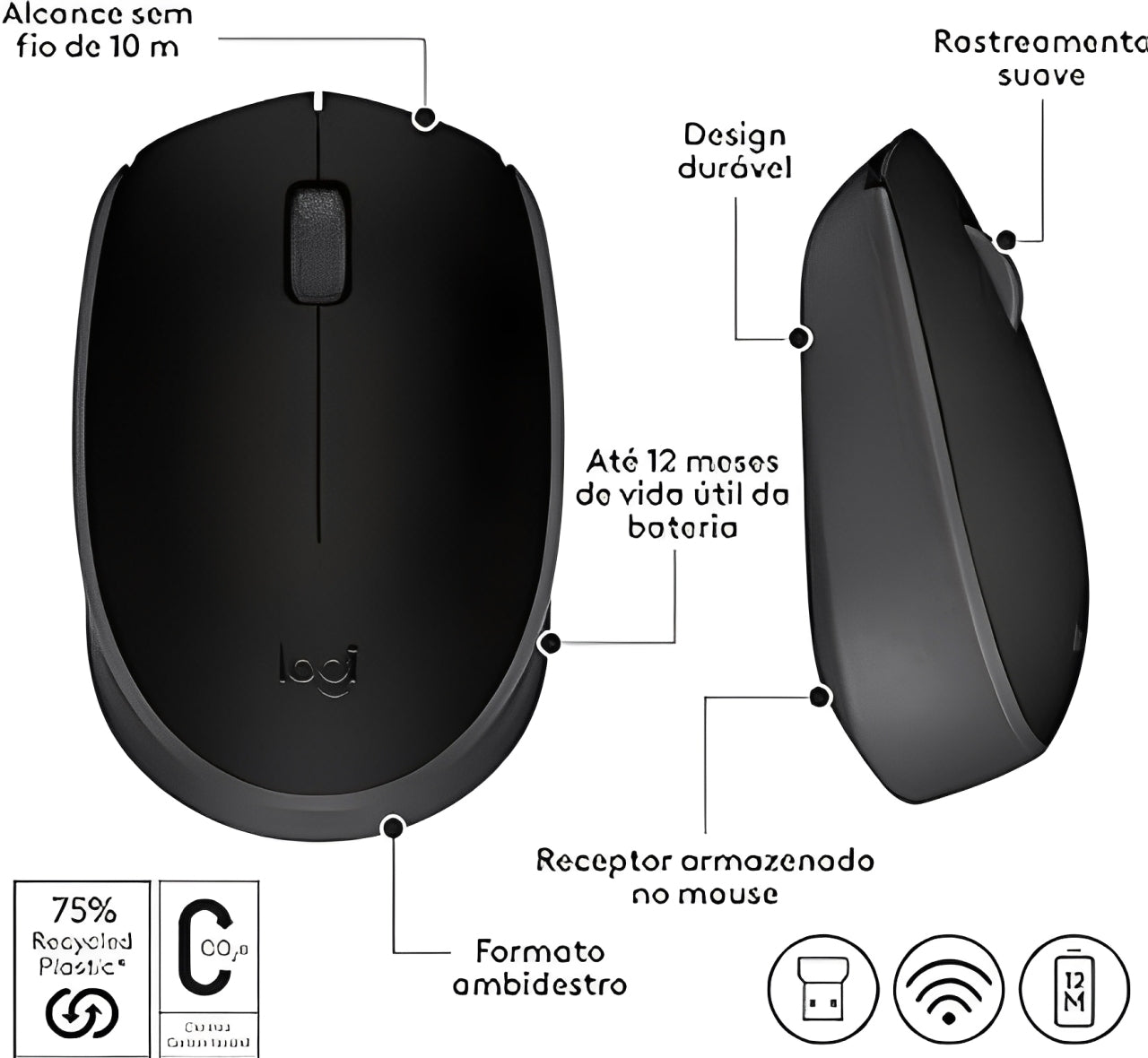 Mouse sem fio Logitech M170 com Design Ambidestro Compacto, Conexão USB e Pilha Inclusa - Preto