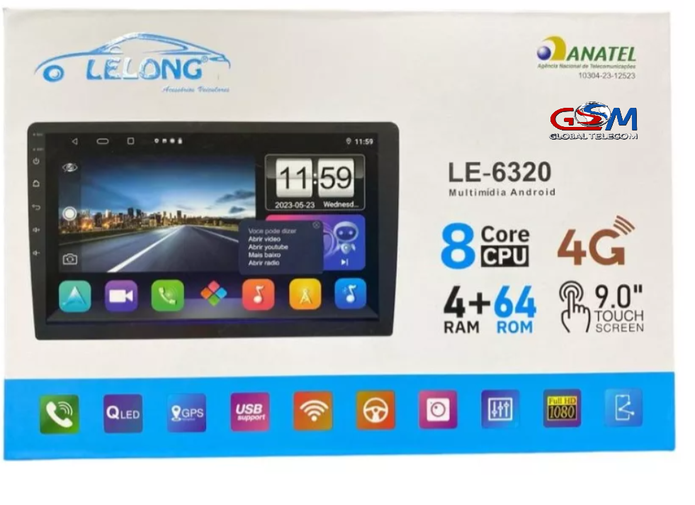 Central Multimidia 9'' Lelong Le-6320 4/64gb Carplay 4g Wifi Android 14
