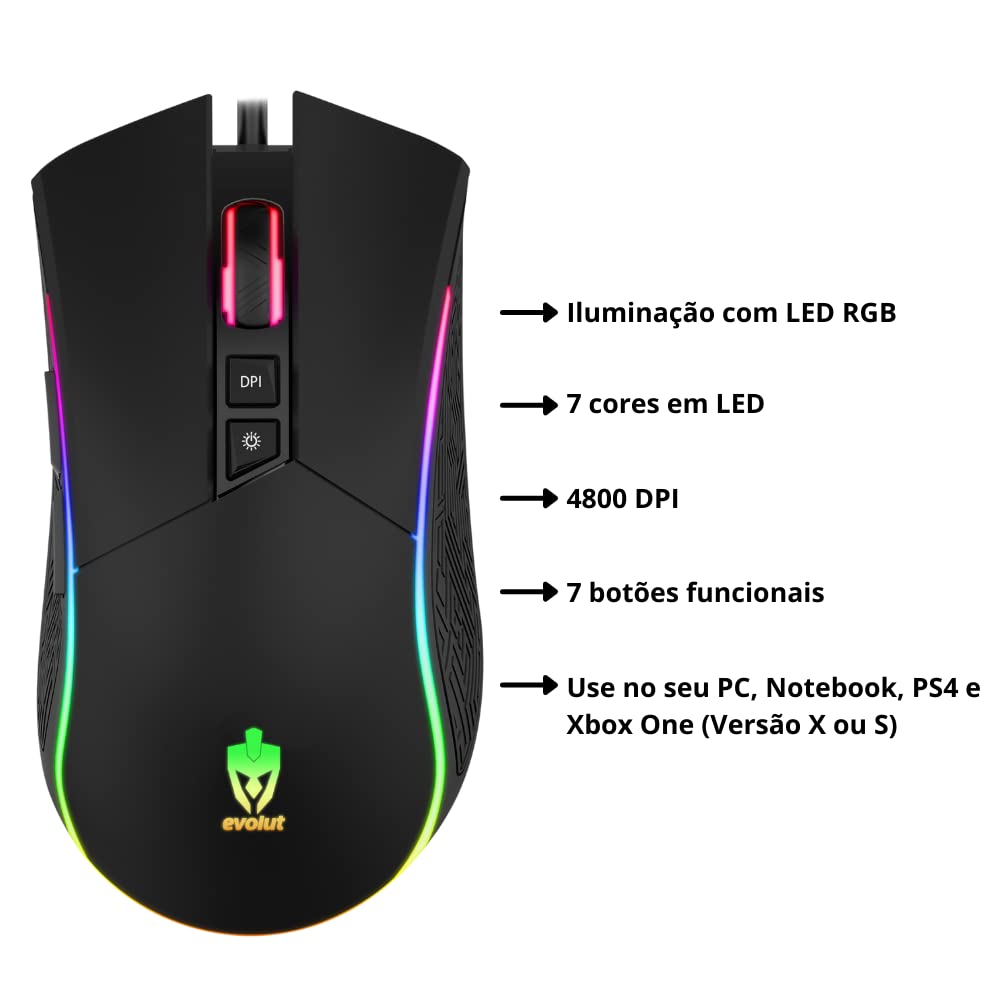 Mouse Gamer Skadi EG-106 RGB 7 Botões 7 Cores Led Sensor Óptico 4800DPI 1.6mts