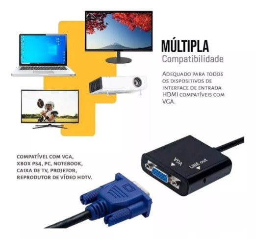 Cabo Adaptador Conversor Hdmi Vga P2 Auxiliar Áudio