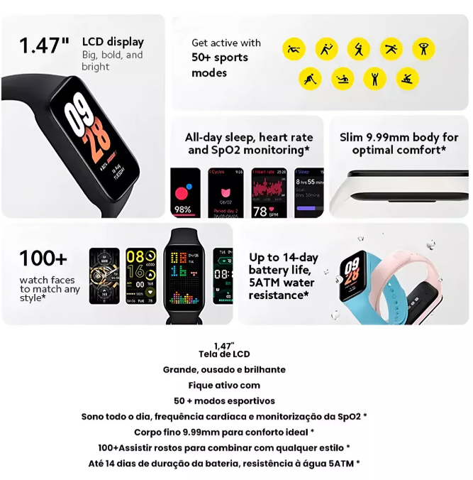 Xiaomi Smart Band Smart Band 8 Active Global 1.47mm Caixa 1.47mm Preta, Pulseira Rosa