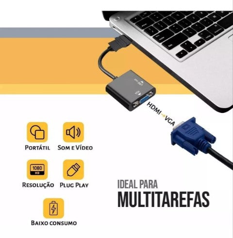 Cabo Adaptador Conversor Hdmi Vga P2 Auxiliar Áudio