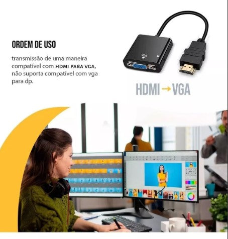 Cabo Adaptador Conversor Hdmi Vga P2 Auxiliar Áudio